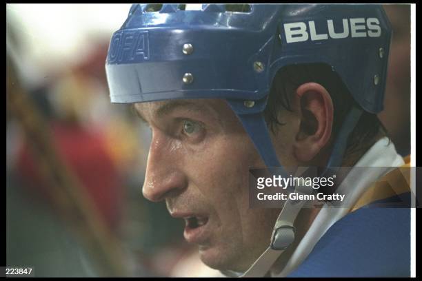 Center Wayne Gretzky of the St. Louis Blues looks on during a game against the Vancouver Canucks at General Motors Place in Vancouver, British...