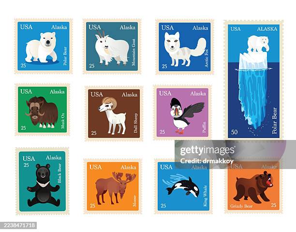 alaska animals postage stamps - cute seal stock illustrations