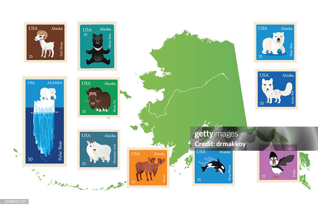 Alaska Animals Postage Stamps