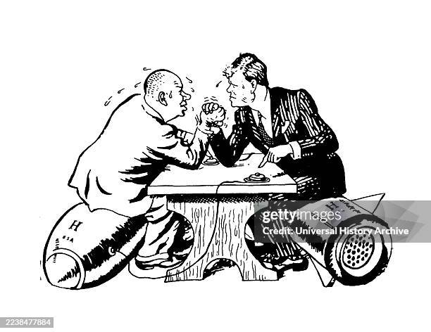 Carton showing Soviet leader Khruschev wrestling with US President Kennedy during the Cuban Missile Crisis. 1961. By Mauldin. “I’ll bury you.”, St....