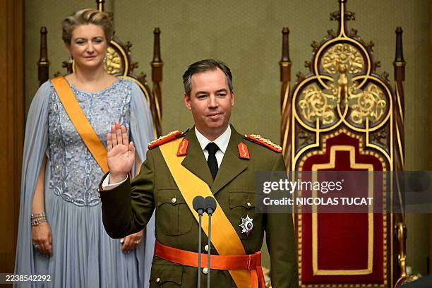 Luxembourg's Grand Duke Guillaume takes the oath as as Grand Duchess Stephanie attends, during their Swearing-in ceremony as Grand Duke Head of...