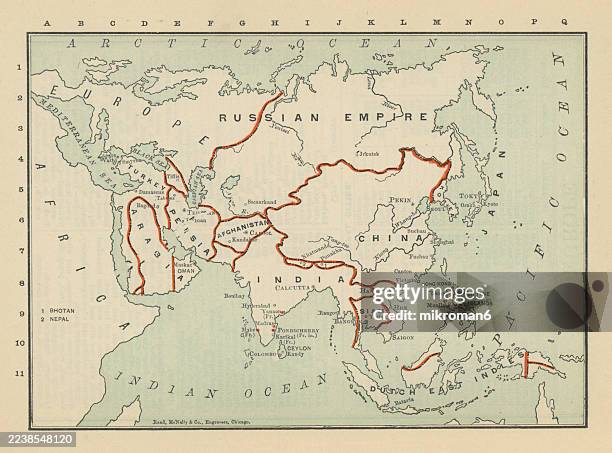 old engraved illustration of political map of asia continent - frontera internacional fotografías e imágenes de stock