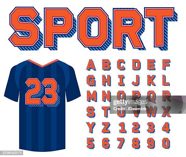 sport varsity jersey lettering set font design alphabet includes capital letters and numbers - baseball uniform stock illustrations