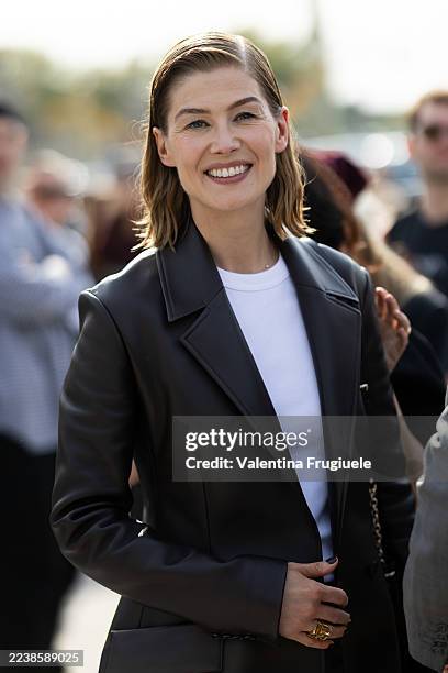 Rosamund Pike is seen after the Dior show during the Womenswear Spring Summer 2026 as part of Paris Fashion Week on October 01, 2025 in Paris, France.