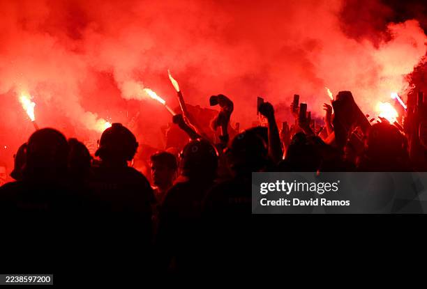 Fans enjoy the pre-match atmosphere as they light flares outside the stadium prior to the UEFA Champions League 2025/26 League Phase MD2 match...