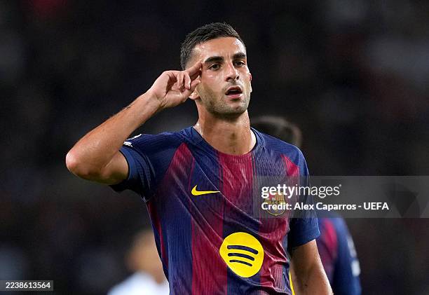 Ferran Torres of FC Barcelona celebrates scoring his team's first goal during the UEFA Champions League 2025/26 League Phase MD2 match between FC...