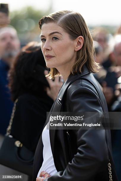 Rosamund Pike wears a black leather Dior cross-body bag, a white t-shirt and a dark brown leather jacket outside Dior show during the Womenswear...
