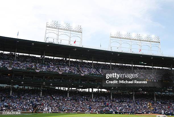 General view inside the stadium as Adrian Morejon of the San Diego Padres throws a pitch to Nico Hoerner of the Chicago Cubs in the sixth inning...