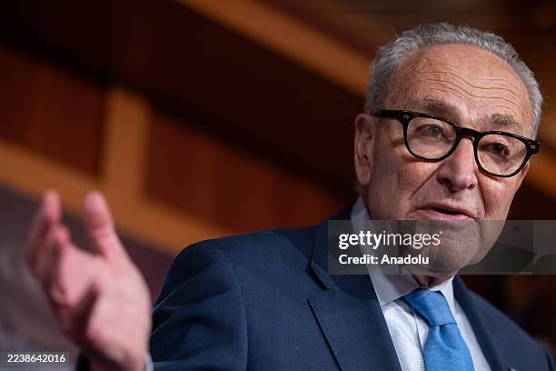 Senate Minority Leader Chuck Schumer speaks at a press conference with Senator Amy Klobuchar and Senator Brian Schatz following another round of...
