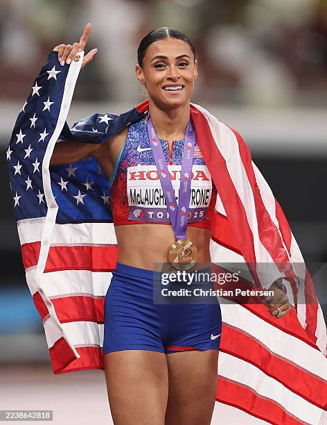 Gold medalist, Sydney McLaughlin-Levrone of Team United States reacts after winning the Women's 400 Metres Final on day six of the World Athletics...