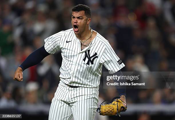 Fernando Cruz of the New York Yankees reacts after forcing a fly out to end the seventh inning against the Boston Red Sox in game two of the American...