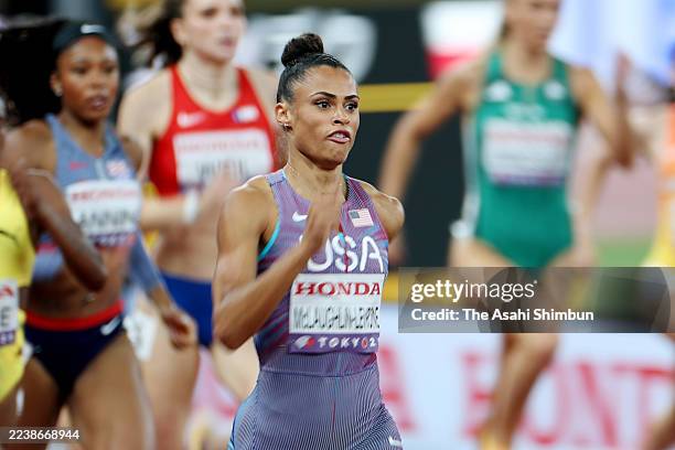 Sydney McLaughlin-Levrone of the United States competes in the Women's 400 Metres hurdles semi final during day four of the World Athletics...