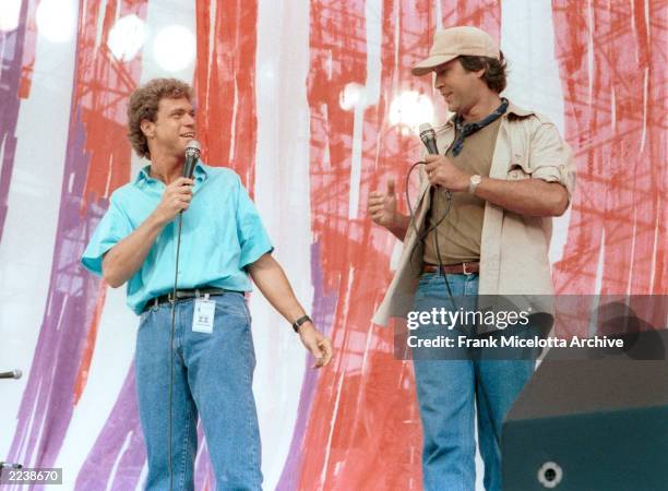 Joe Piscopo and Chevy Chase performs for a sold out crowd at the Live Aid concert at JFK Stadium in Philadelphia, Pennsylvania, July 13, 1985. Photo...