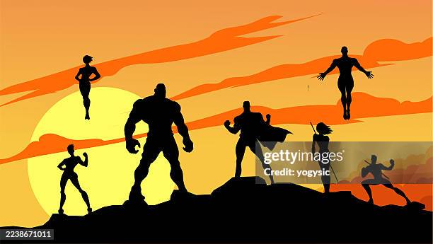 vector superhero team in silhouette standing on a cliff stock illustration - superhero shadow stock illustrations