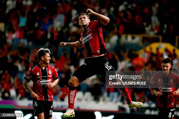 Atlas' defender Paulo Ramirez celebrates scoring his team's third goal during the Liga MX Apertura football match between Atlas and Juarez at the...