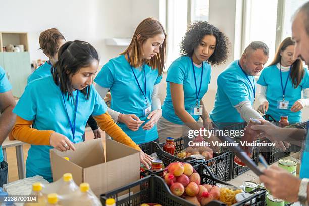 volunteers preparing food donations for charity in community center - banco alimentar imagens e fotografias de stock