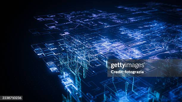 futuristic digital blueprint with glowing circuits - blauwdruk stockfoto's en -beelden