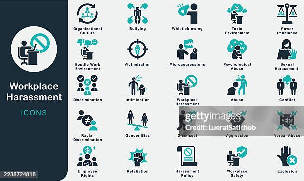 workplace harassment solid icons collection.containing bullying, abuse, discrimination, conflict, aggression, toxic, dismissal, retaliation, victimization, intimidation, abuse, sexual, working, office - conflict stock illustrations