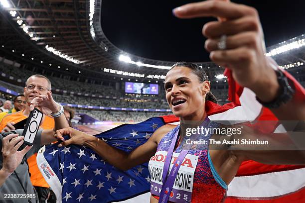 Gold medalist Sydney McLaughlin-Levrone of the United States celebrates after competing in the Women's 400 Metres final during day six of the World...