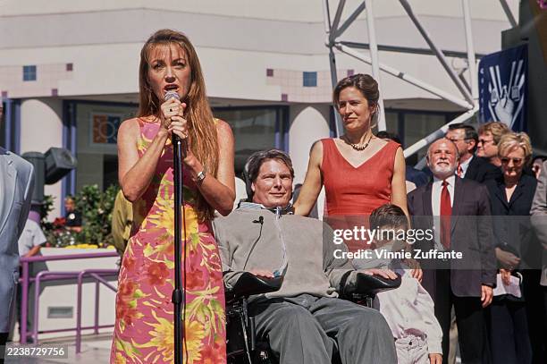British actress Jane Seymour giving a speech as American actor Christopher Reeve looks on during Christopher's Hollywood Walk of Fame Star ceremony...