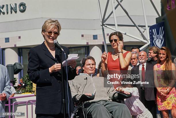 American actress Glenn Close giving a speech as American actor Christopher Reeve looks on during Christopher's Hollywood Walk of Fame Star ceremony...