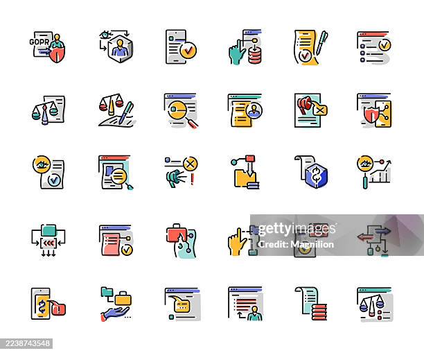 vektorsymbole für geschäftskonformität und rechtsrichtlinien, die dsgvo-datenschutz, audits, einwilligungen, verträge, governance, verifizierung, risikokontrolle, dokumentation und vorschriften anzeigen - datenschutz grundverordnung stock-grafiken, -clipart, -cartoons und -symbole