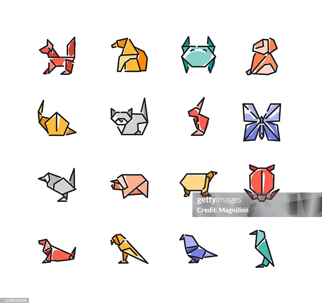 Origami Animals Vector Icons Set with Fox, Dog, Frog, Rabbit, Snail, Cat, Hare, Butterfly, Bird, Pig, Puppy, Beetle, Seal, Parrot, Pigeon, and Toucan Isolated, Editable Stroke Design