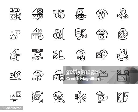 DevOps and cloud computing line icon set featuring CI/CD pipeline, code deployment, containerization, Docker, cloud storage, monitoring, automation, and infrastructure management tools, editable stroke DevOps and cloud computing line icon set featuring CI/CD pipeline, code deployment, containerization, Docker, cloud storage, monitoring, automation, and infrastructure management tools, editable stroke