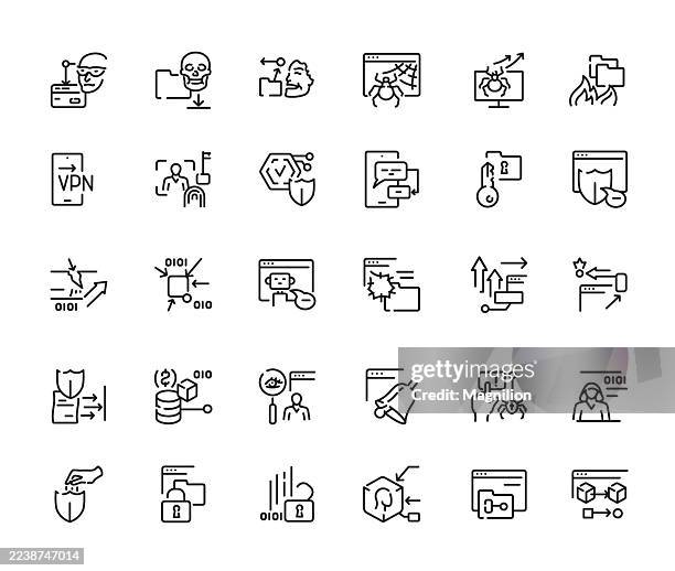cybersicherheits-linien-icon-set mit vpn-zugang, verschlüsselung, firewall- und schutzschutz, malware- und phishing-warnungen, sicherem login, datenübertragung, cloud-sicherheit und netzwerküberwachung - vpn stock-grafiken, -clipart, -cartoons und -symbole