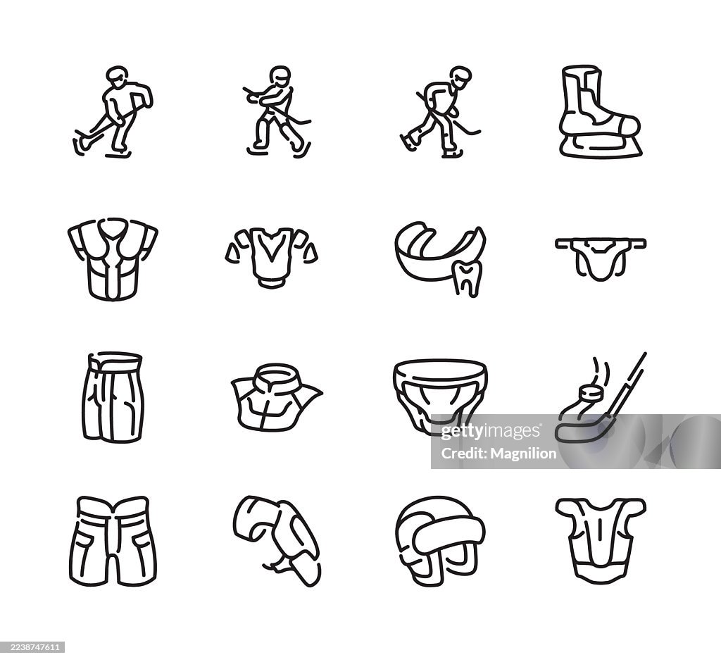 Ice Hockey Equipment and Players, Skates, Helmets, Sticks, Pucks, and Protective Gear, Flat Vector Icons Set, Editable Stroke