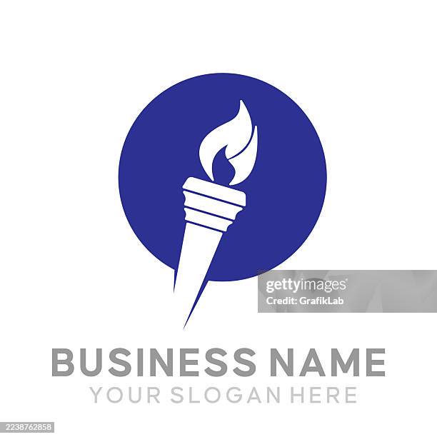 torch-themed icon design with blue circular background stylized flame symbol - cave stock illustrations