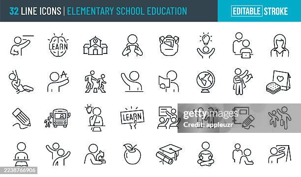 ilustraciones, imágenes clip art, dibujos animados e iconos de stock de íconos de línea delgada para educación primaria - trazo editable - los íconos incluyen un maestro, estudiante, útiles escolares, edificio escolar, aprendizaje, educación, estudio - edificio escolar