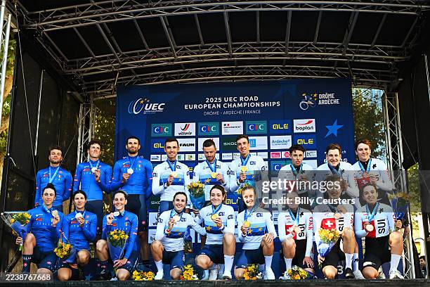 Gold medalists Bruno Armiral, Remi Cavagna, Thibault Guernalec, Cedrine Kerbaol, Juliette Labous, Marion Borras and Team France , Silver medalists...