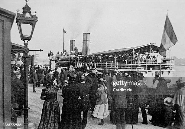 hamburg harbor, relatives waving goodbye to a ship - wave goodbye stock illustrations