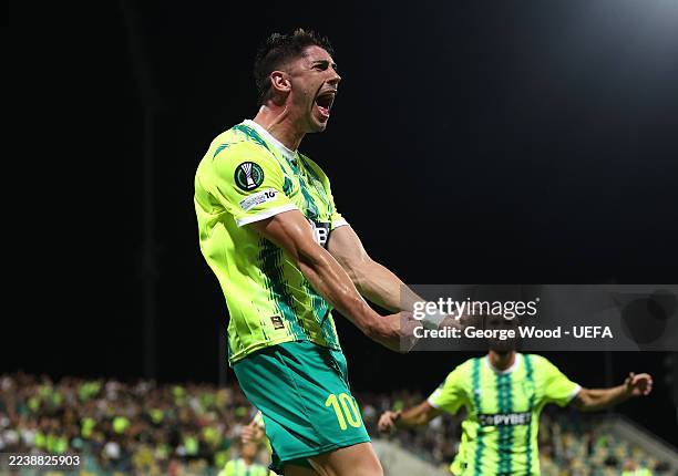 Waldo Rubio of AEK Larnaca celebrates scoring his team's first goal during the UEFA Conference League 2025/26 League Phase MD1 match between AEK...