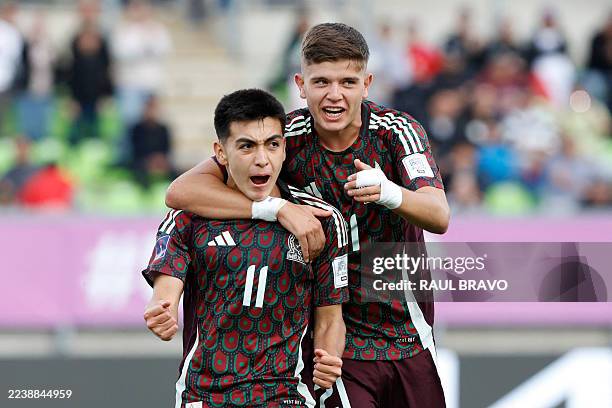 Mexico's midfielder Gilberto Mora celebrates scoring his team's first goal during the 2025 FIFA U-20 World Cup football match between Mexico and...