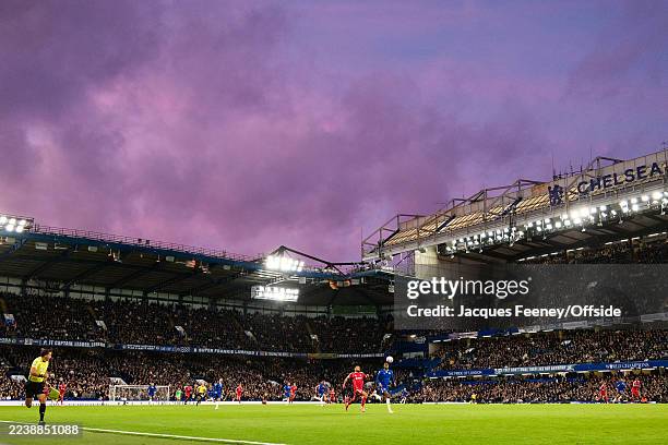 General view of play within Stamford Bridge at sunset during the Premier League match between Chelsea and Liverpool at Stamford Bridge on October 4,...