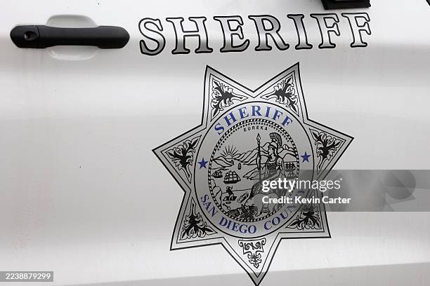 San Diego County Sheriff logo is displayed on a patrol vehicle on September 26, 2025 in San Diego, California.