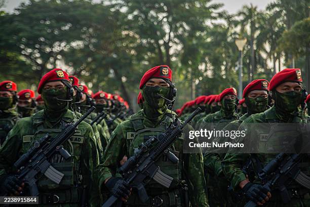 Members of special forces prepare for the 80th Anniversary Parade of the Indonesian National Armed Forces at the National Monument Complex in...