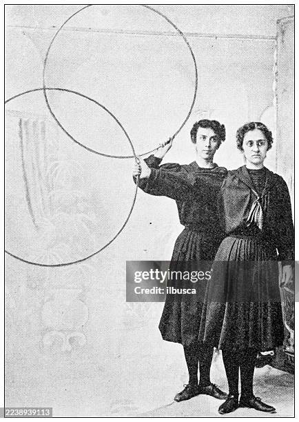 ilustraciones, imágenes clip art, dibujos animados e iconos de stock de 19th century physical education fitness exercises: hoop - gimnasia artistica