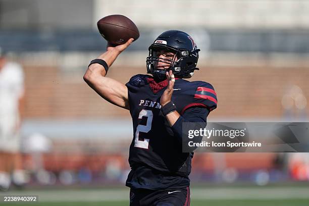 Penn Quakers quarterback Liam Obrien drops back to pass during the game between Dartmouth Big Green and the Pennsylvania Quakers on October 4, 2025...