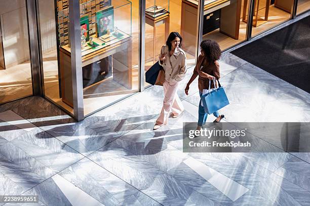 two friends shopping in a bright modern mall carrying bags and chatting by glass storefronts - shopping imagens e fotografias de stock