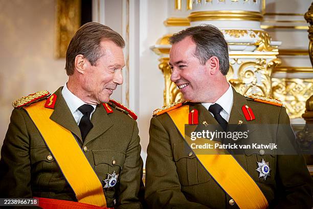 Grand Duke Henri of Luxembourg and Hereditary Grand Duke Guillaume of Luxembourg during the abdication ceremony of Grand Duke Henri of Luxembourg and...