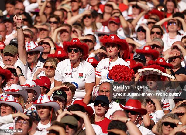 England fans watch on during the Women's Rugby World Cup 2025 Final match between Canada and England at Allianz Stadium on September 27, 2025 in...