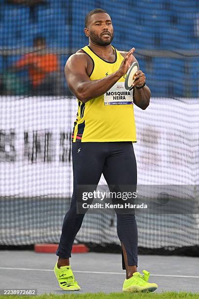 Andres F. Mosquera Neira of Team Colombia competes in the Men’s Discus Throw - F44 Final during day seven of the World Para Athletics Championships...