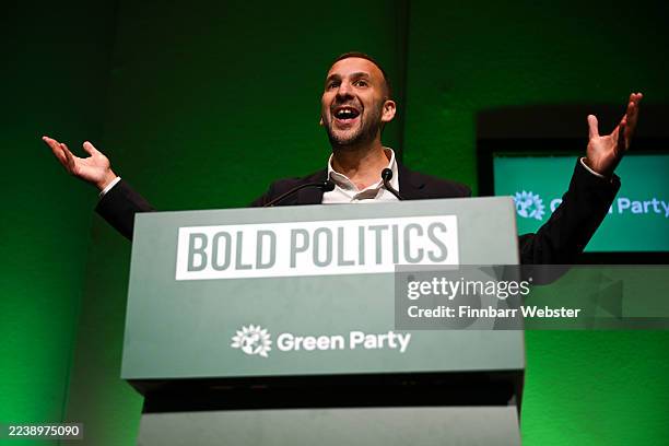 Green Party leader Zack Polanski delivers his speech on the first day of the Green Party Conference at Bournemouth International Centre at...