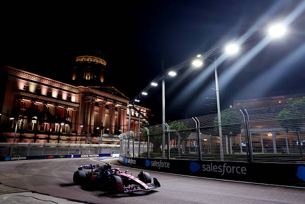 Franco Colapinto of Argentina driving the Alpine F1 A525 Renault on track during practice ahead of the F1 Grand Prix of Singapore at Marina Bay...