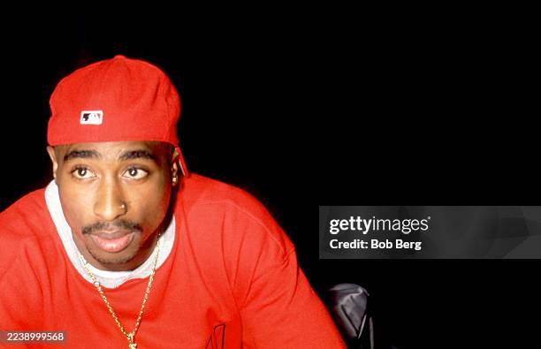 American rapper, songwriter, and actor Tupac Shakur poses for a portrait during the 1994 Source Awards at the Paramount Theatre in New York, New...
