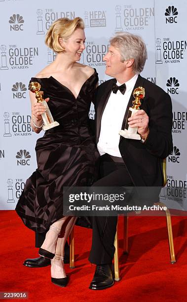 Richard Gere accepting for Lead Actor and Renee Zellweger accepting for Lead Actress in a Musical or Comedy for "Chicago" in the pressroom at the...