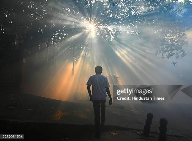 Man doing exercise after an NDMC fumigatus to prevent mosquito borne diseases at society, on October 5, 2025 in New Delhi, India.